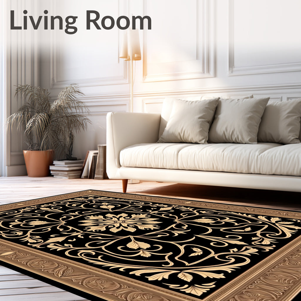 Golden Black Floral Scroll Frame Rug