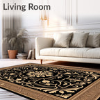 Golden Black Floral Scroll Frame Rug