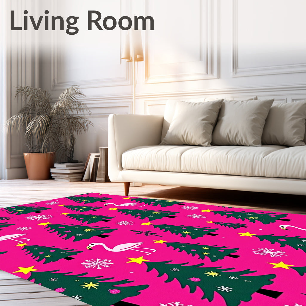 Pink Christmas Trees Flamingos Snowflakes Rug