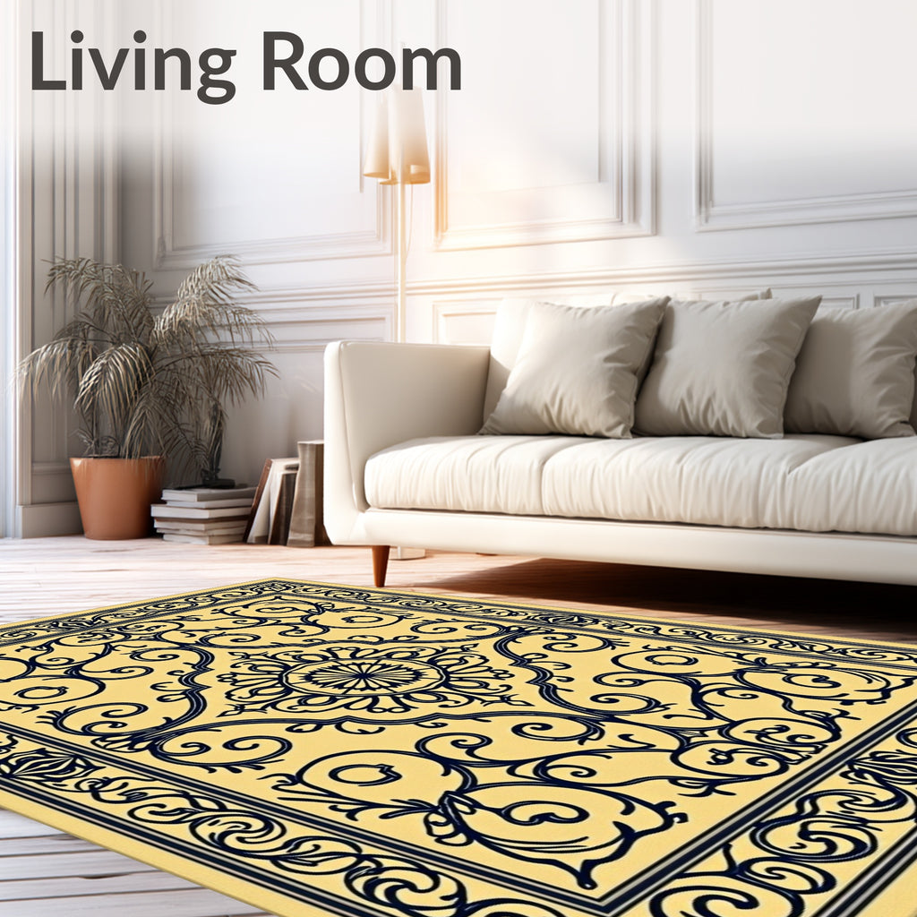 Ornate Yellow Navy Floral Medallion Rug