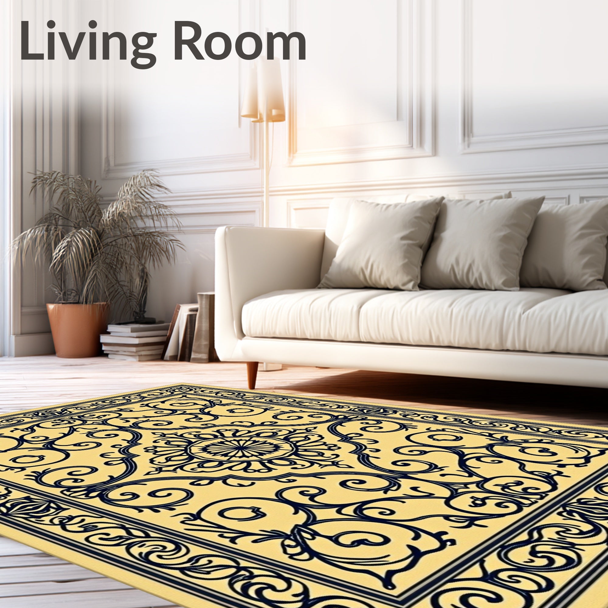 Ornate Yellow Navy Floral Medallion Rug