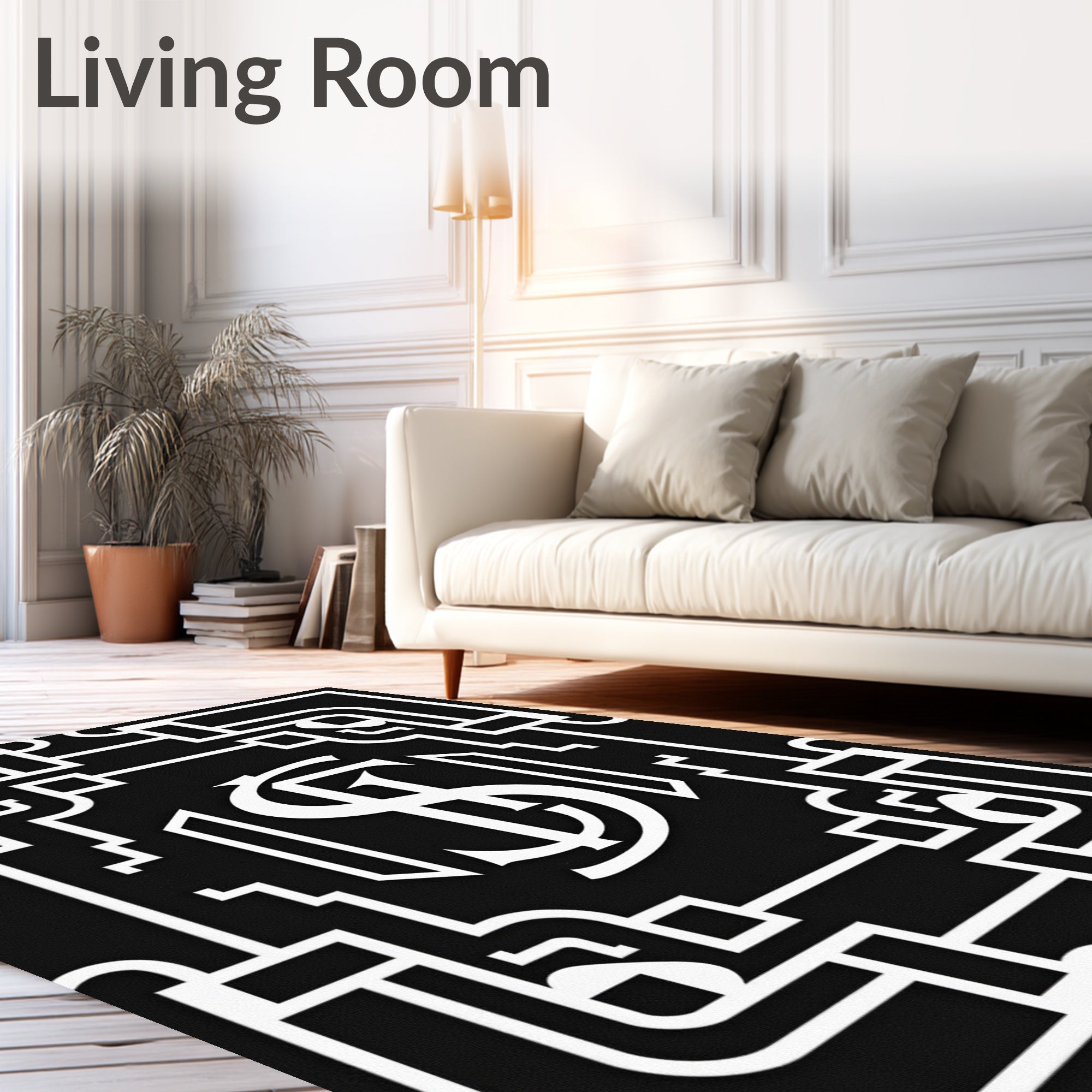 Black White Geometric Monogram Frame Rug
