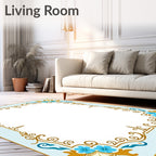 Light Blue Gold Floral Scroll Border Rug