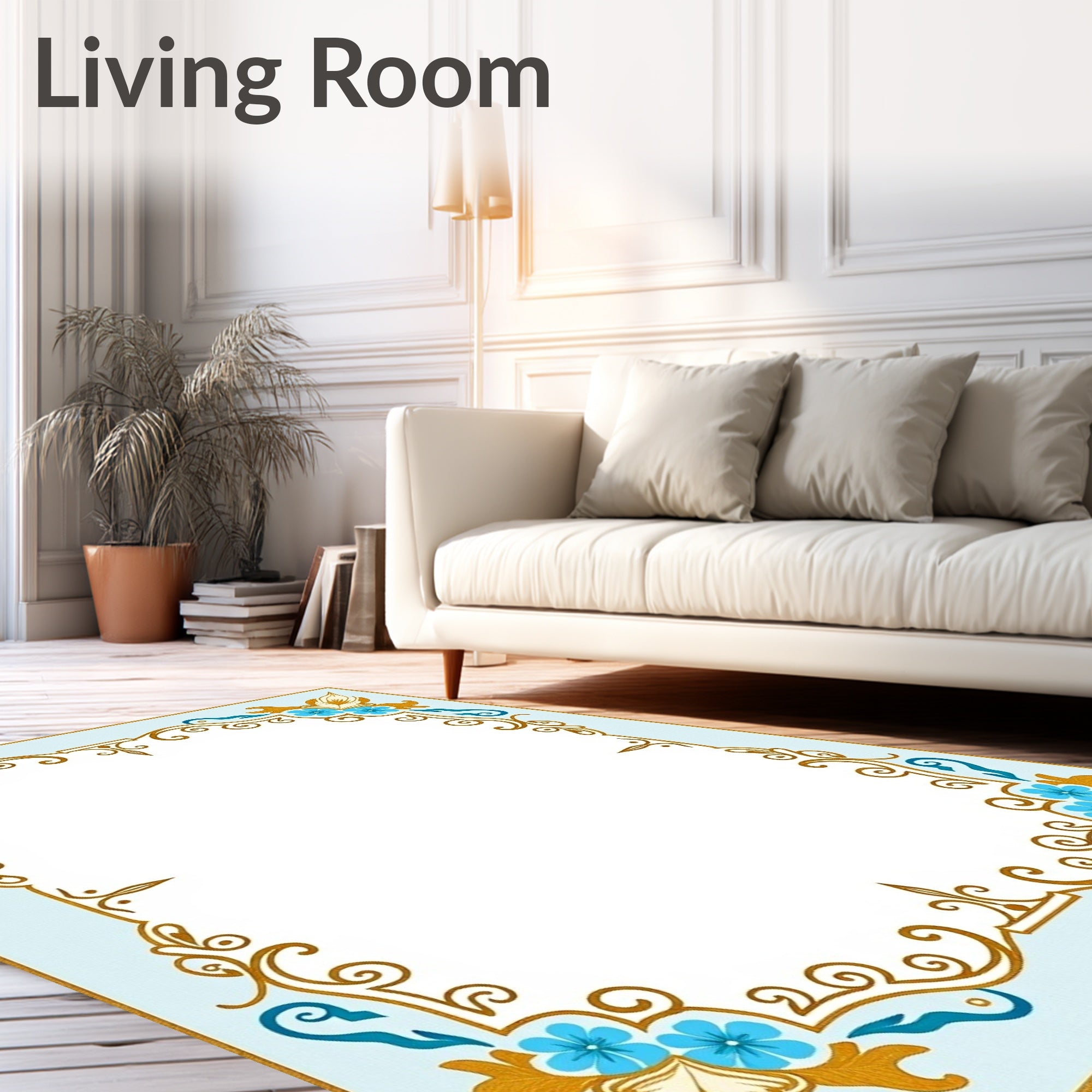 Light Blue Gold Floral Scroll Border Rug