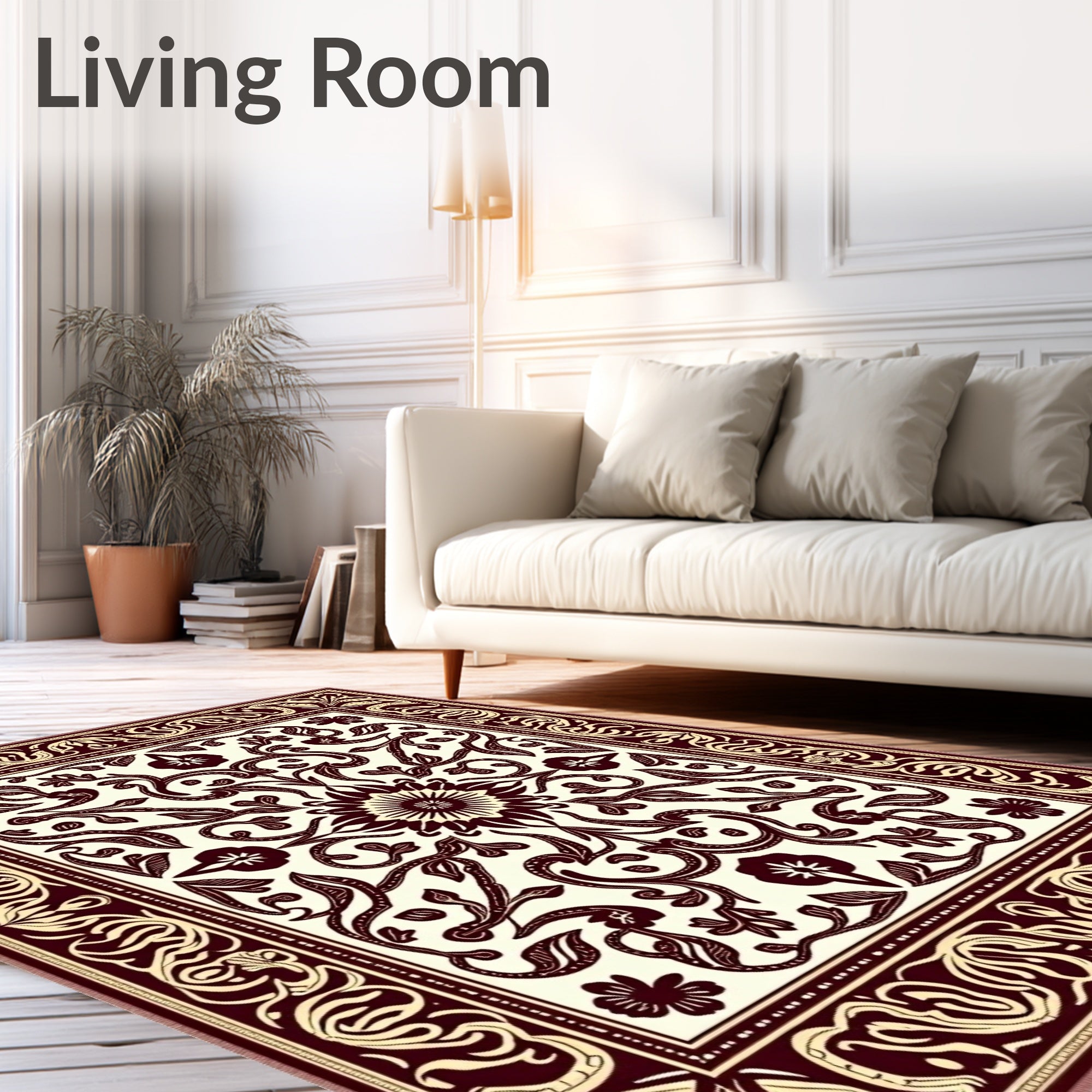 Maroon Cream Floral Medallion Border Rug