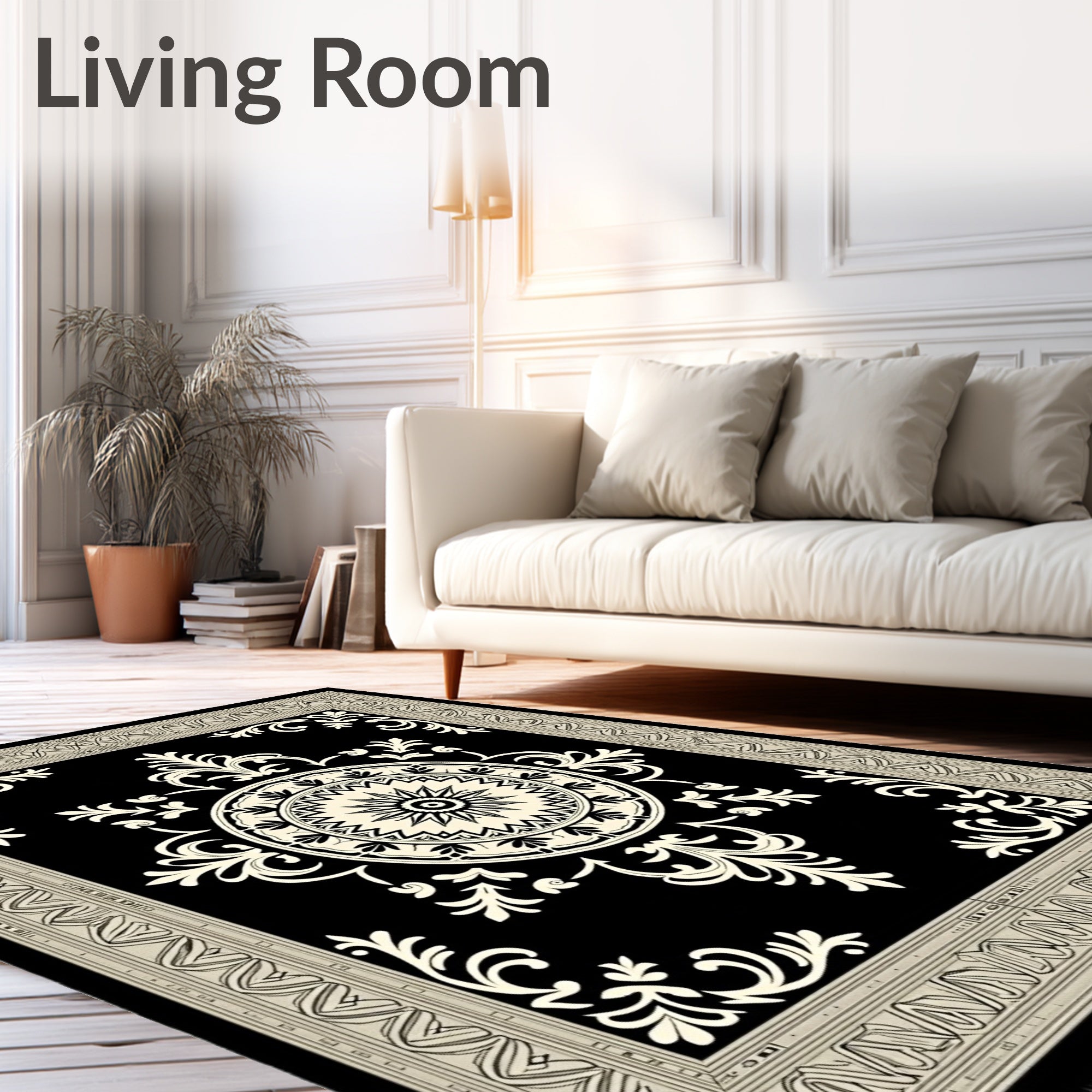Ornate Black Ivory Mandala Medallion Rug