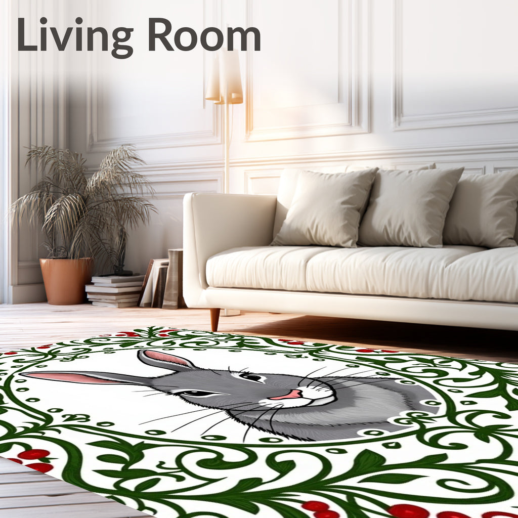 Gray Rabbit With Red Berry Garland Rug