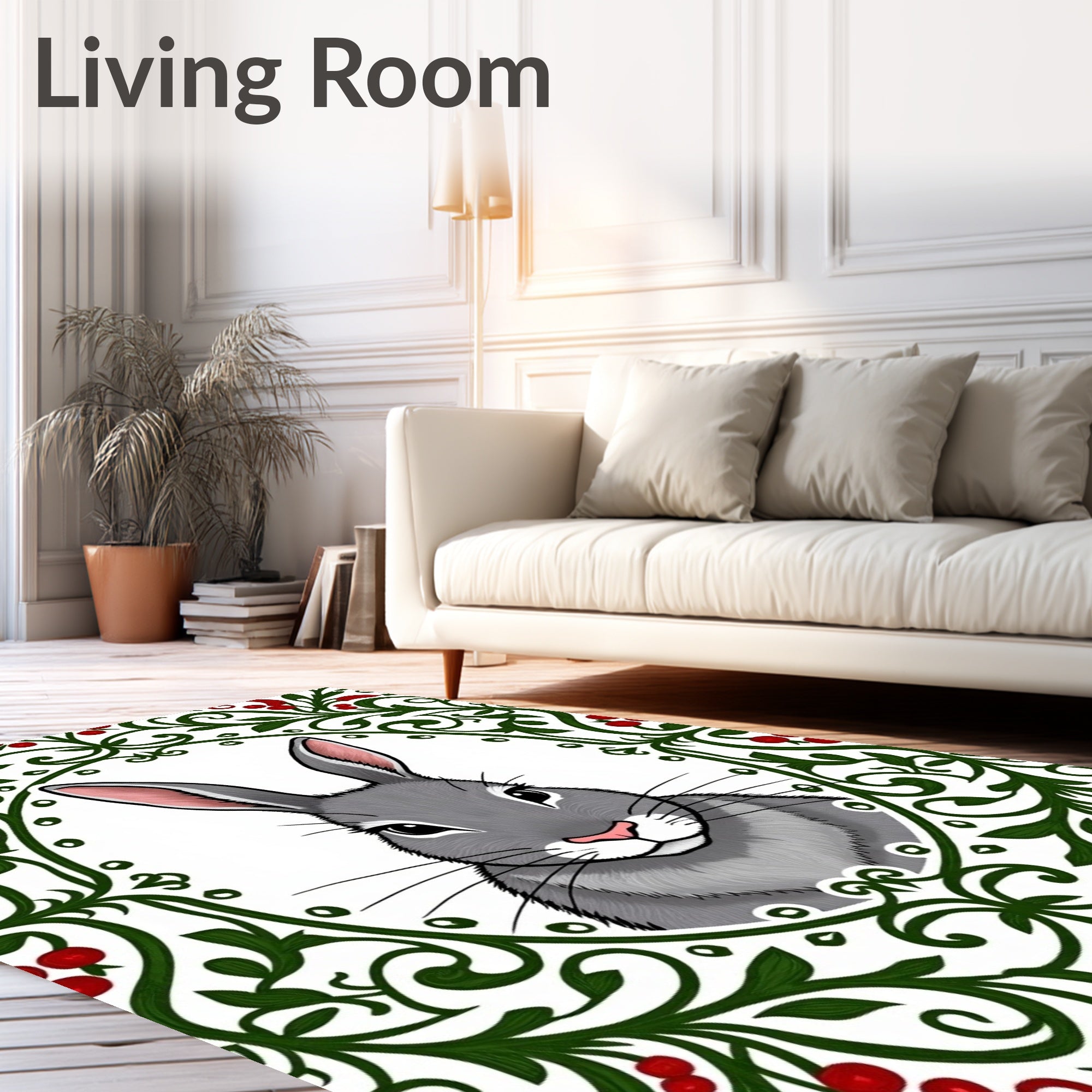Gray Rabbit With Red Berry Garland Rug