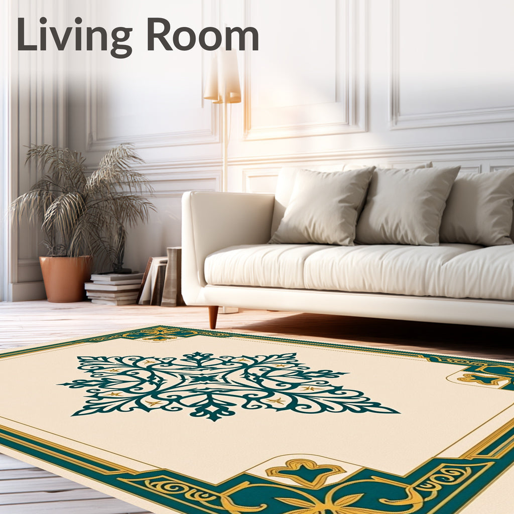 Teal Gold Floral Medallion Square Rug