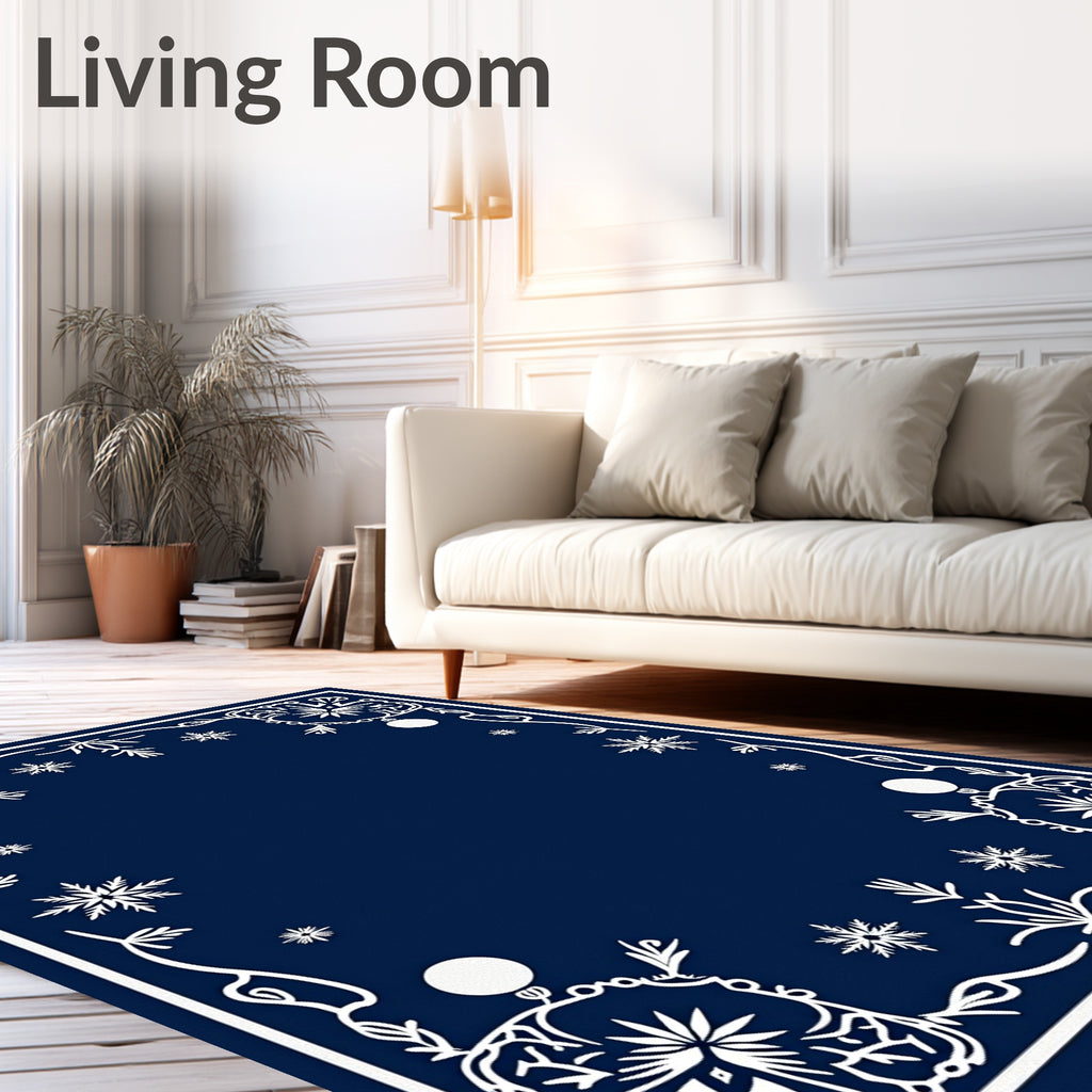 Navy Blue White Snowflake Border Art Rug
