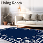 Navy Blue White Snowflake Border Art Rug