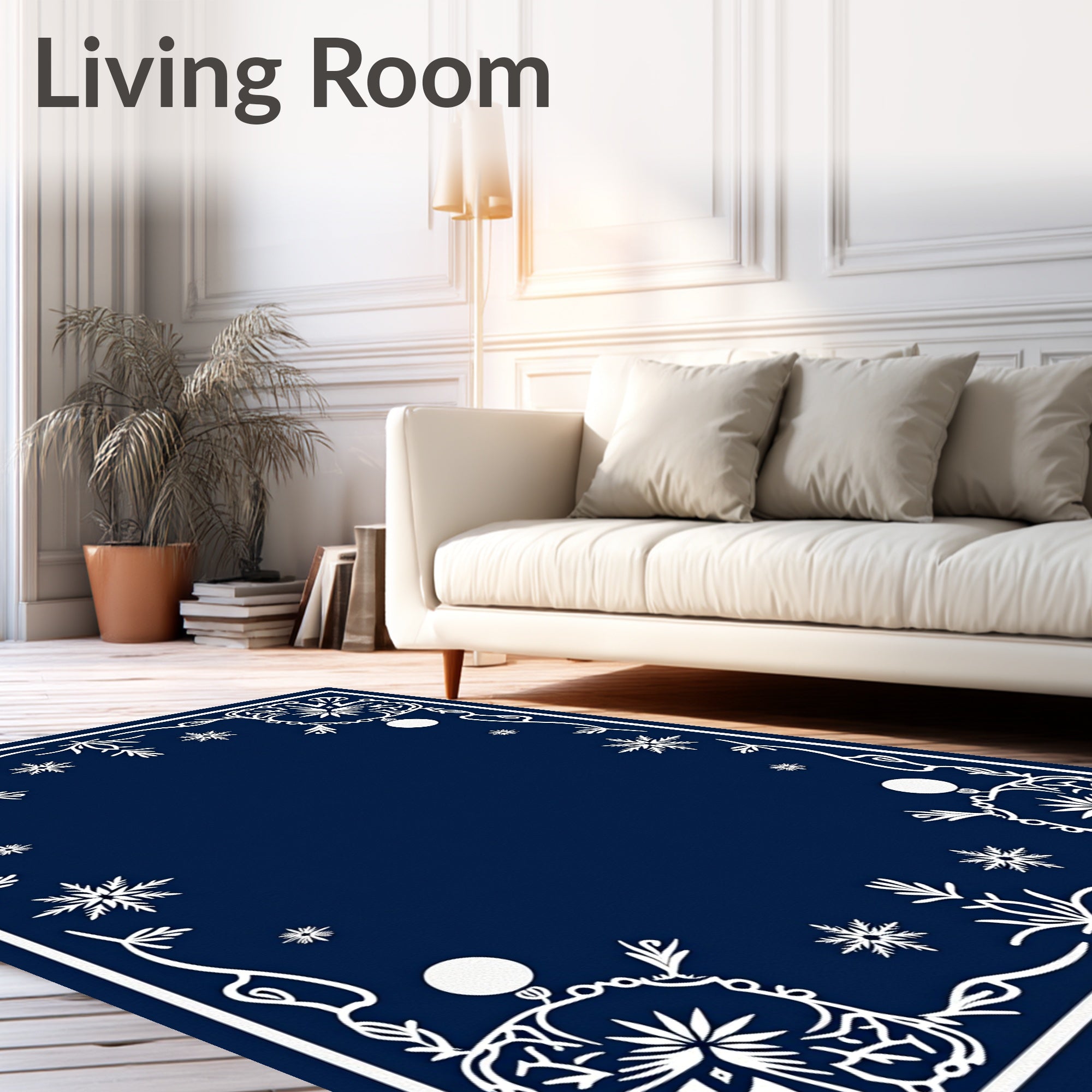 Navy Blue White Snowflake Border Art Rug