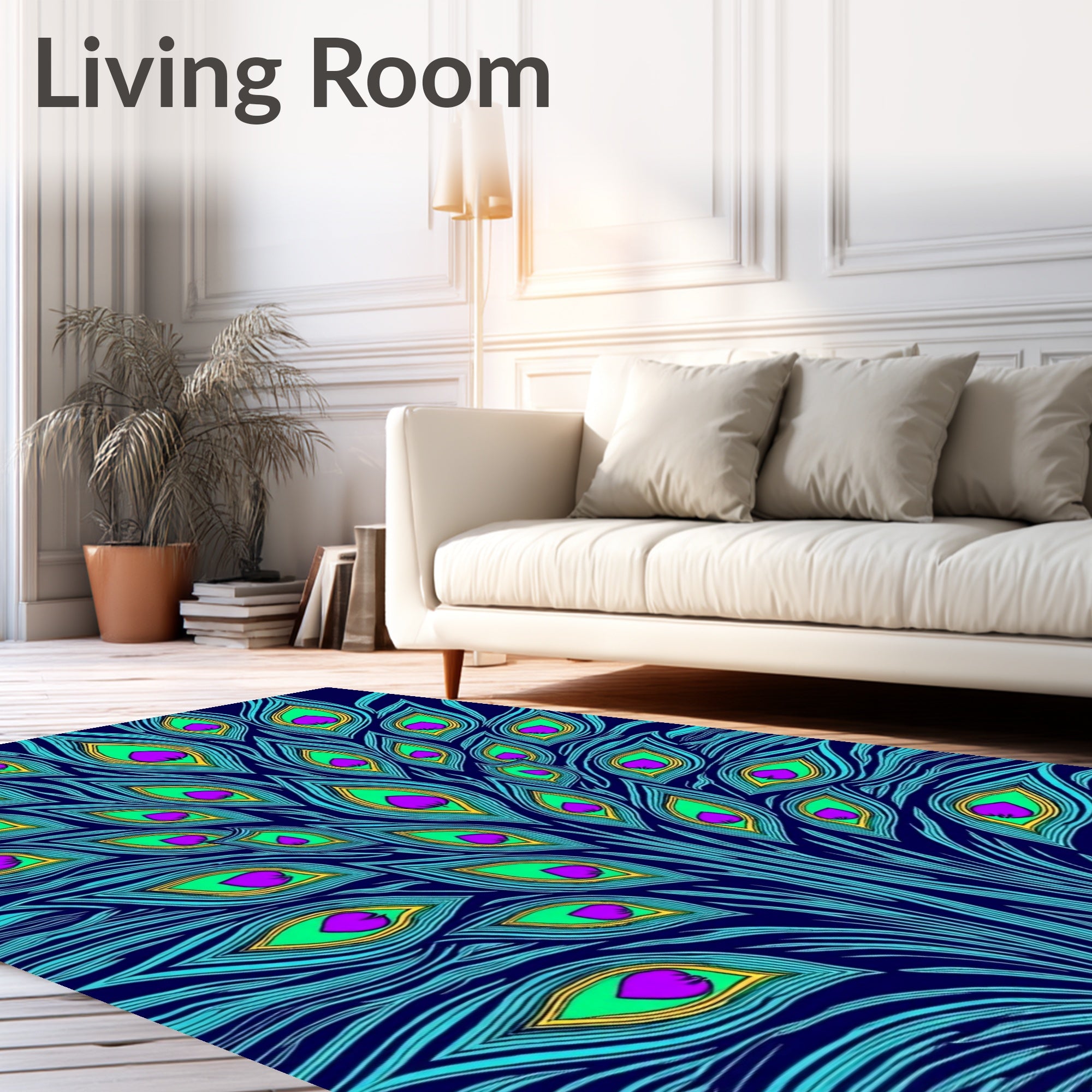 Vibrant Peacock Feather Swirl Rug