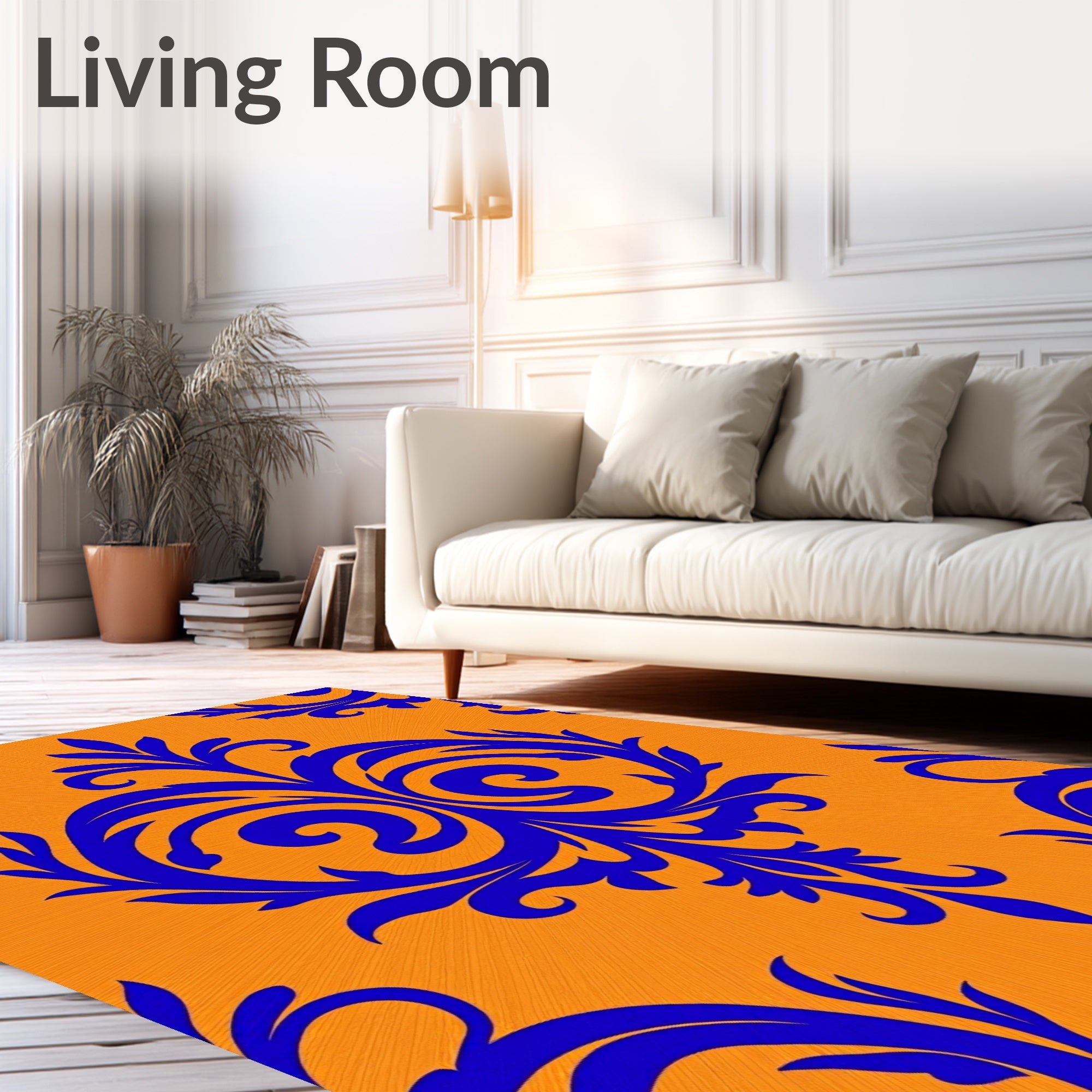 Royal Blue Damask Orange Background Rug