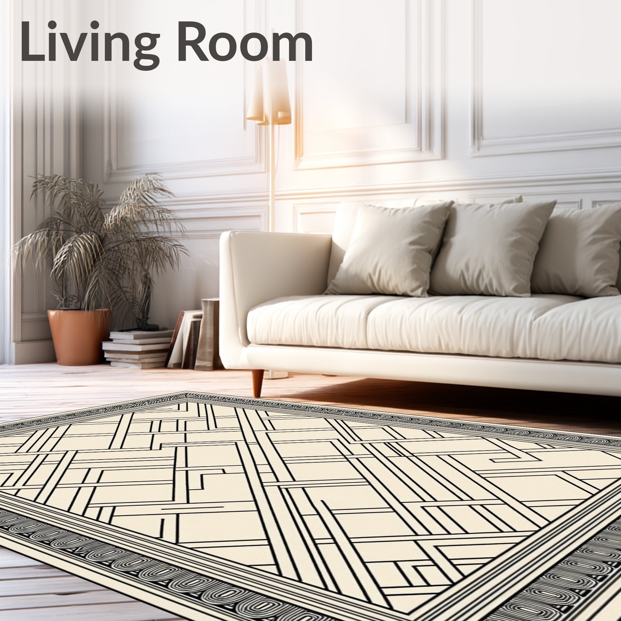 Cream Black Geometric Deco Inlay Rug