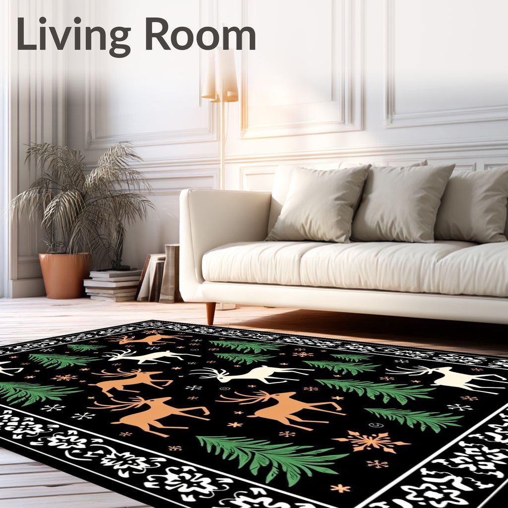 Forest Deer and Snowflakes Border Rug