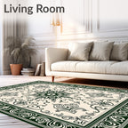 Dark Green Cream Floral Scrollwork Medallion Rug