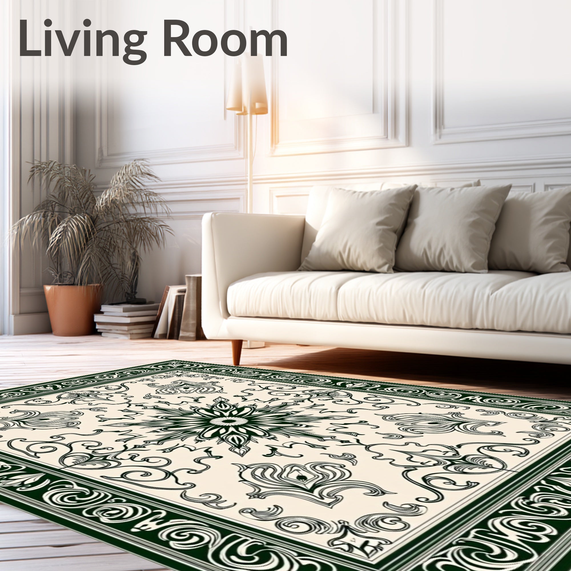 Dark Green Cream Floral Scrollwork Medallion Rug