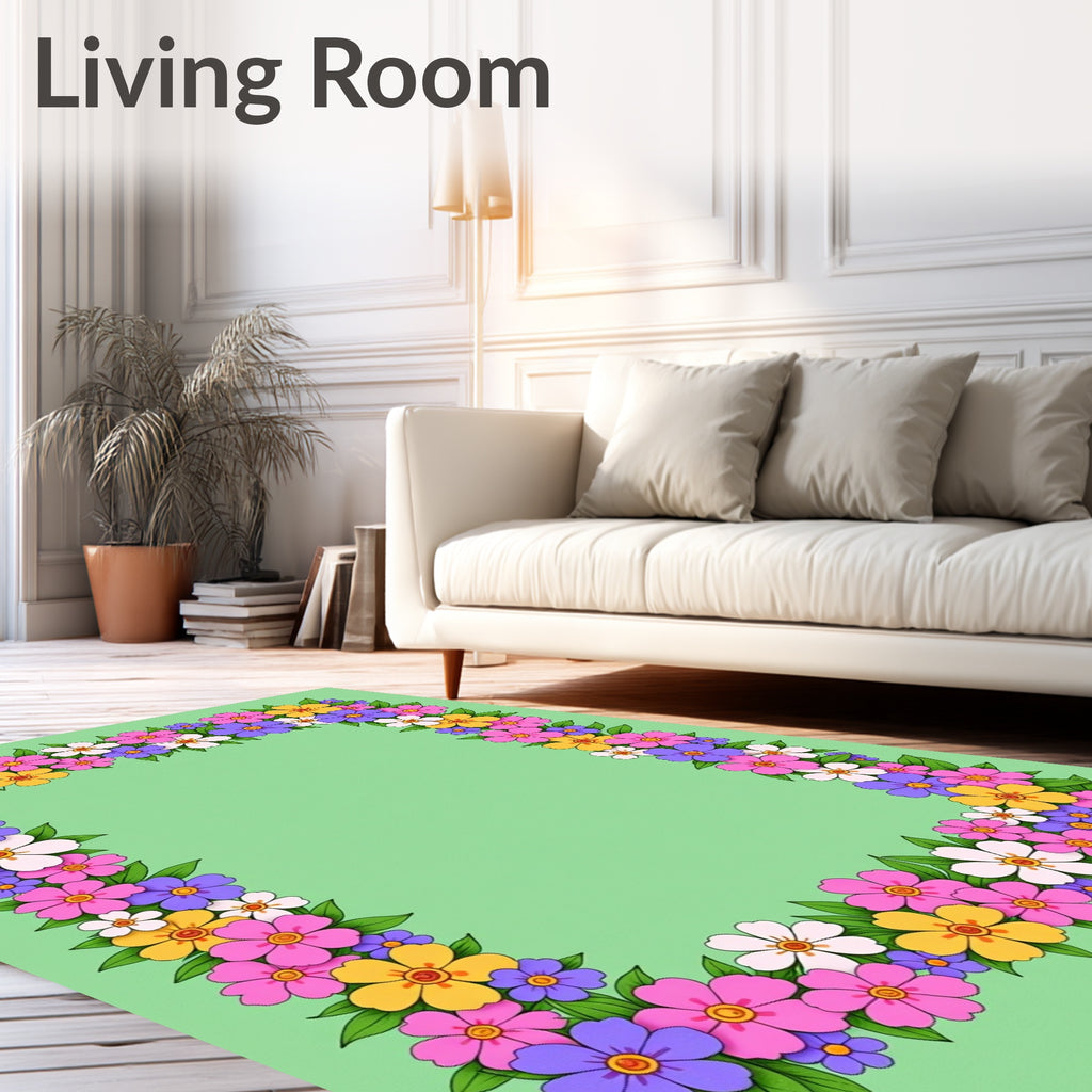 Whimsical Floral Border Pink Yellow Purple Rug