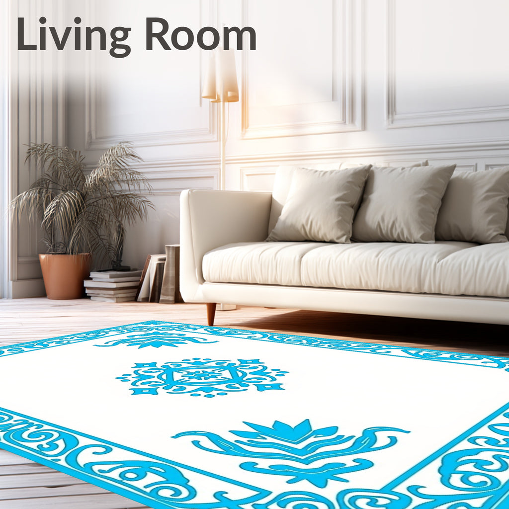 Bright Blue Ornate Scrollwork Medallion Interior Rug