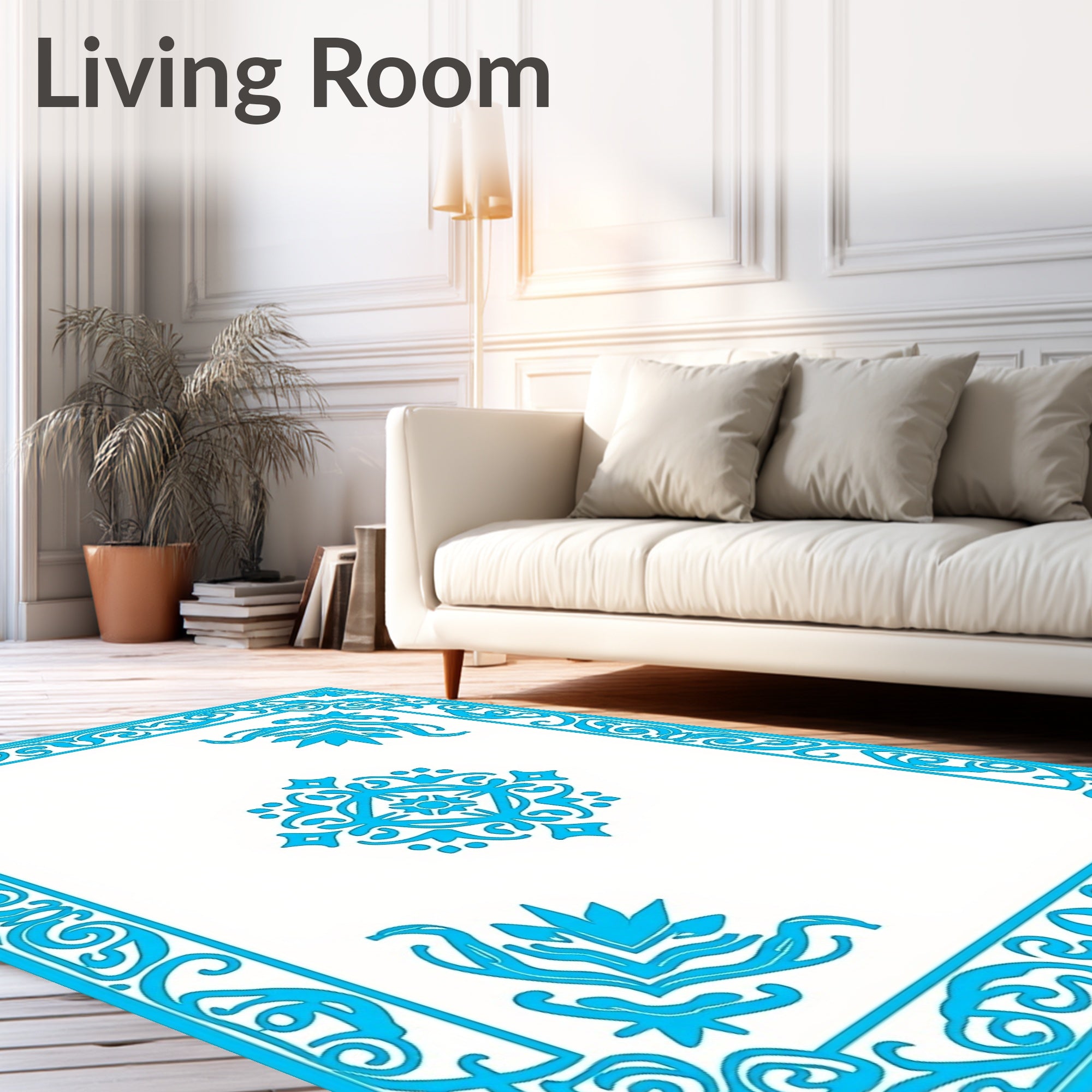 Bright Blue Ornate Scrollwork Medallion Interior Rug