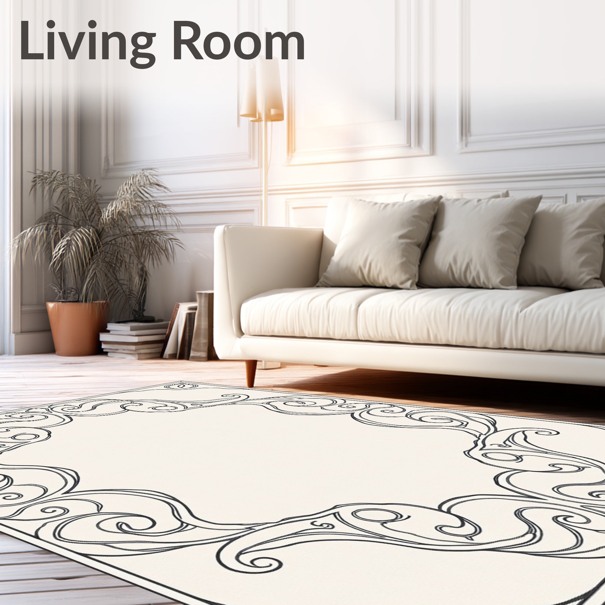 Elegant Black Swirl Scroll Border Rug