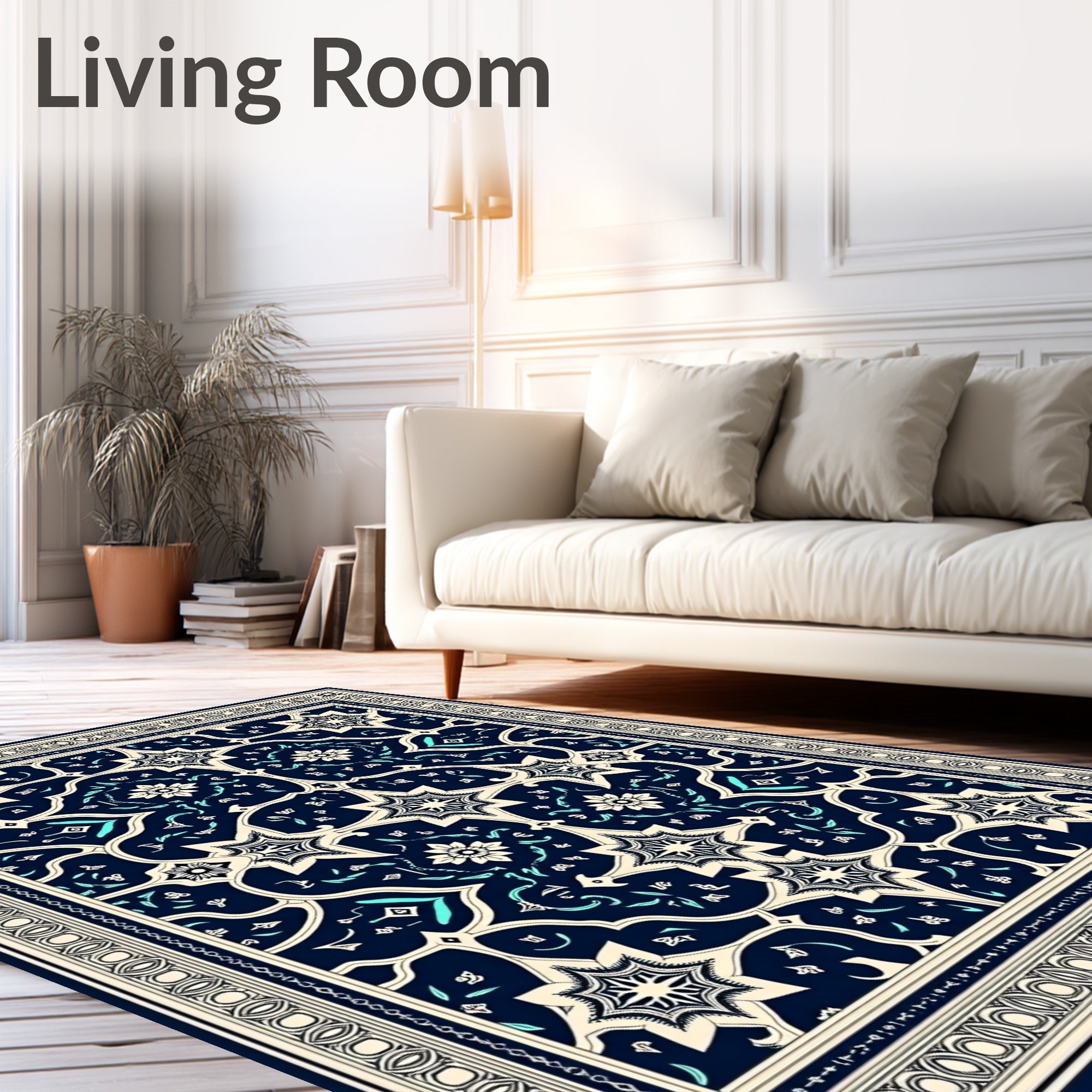 Cream and Teal Starburst Floral Medallion Rug