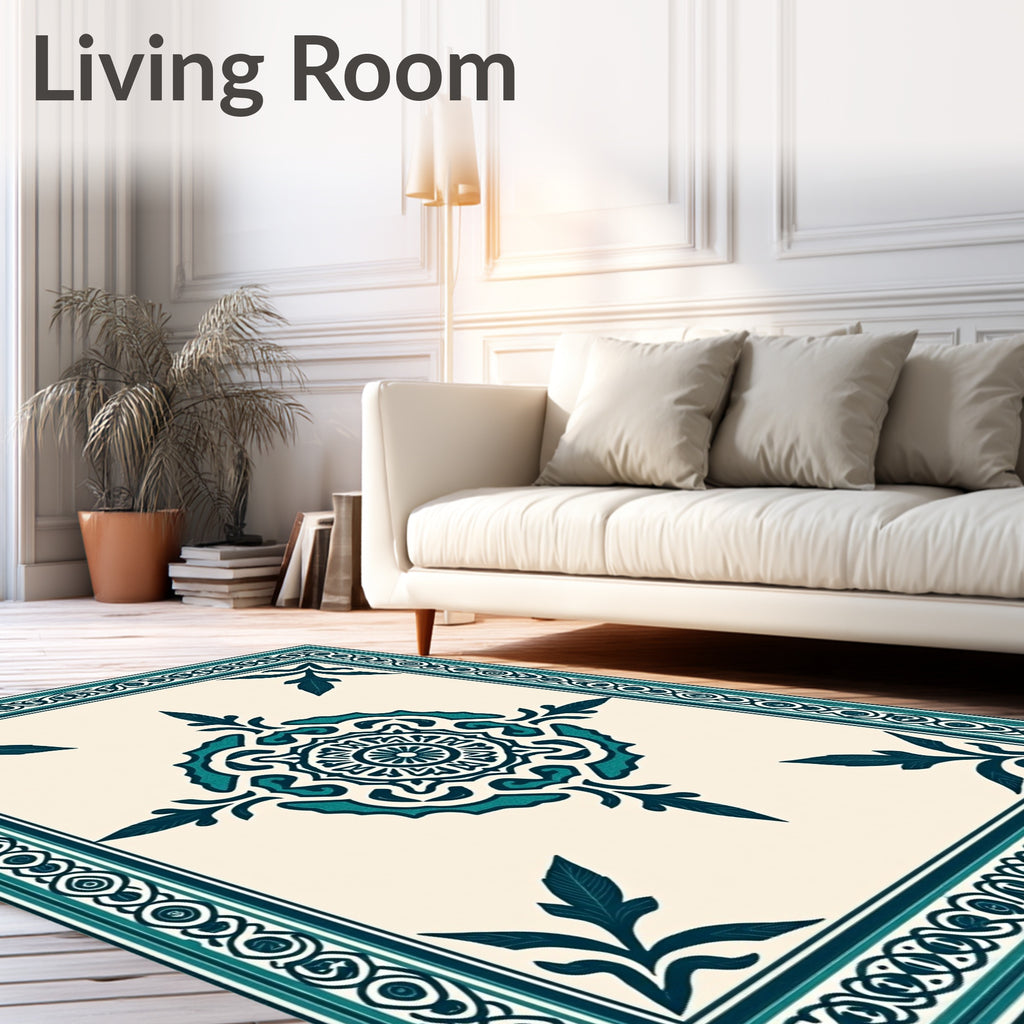 Teal Medallion Ivory Bordered Rug
