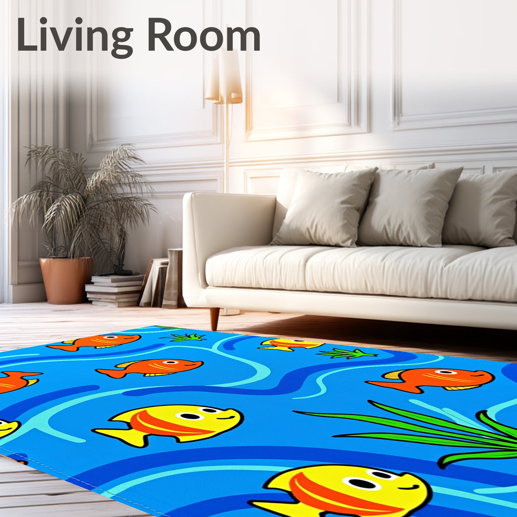 Whimsical Orange Yellow Fish Aquatic Scene Rug