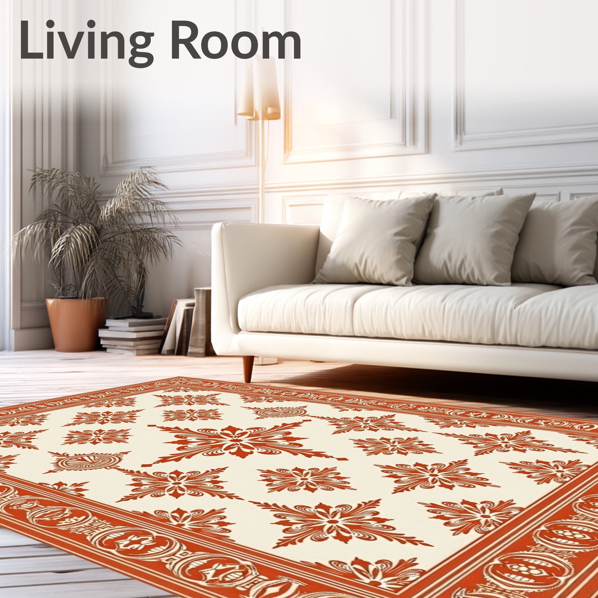 Terracotta Cream Floral Medallion Border Rug