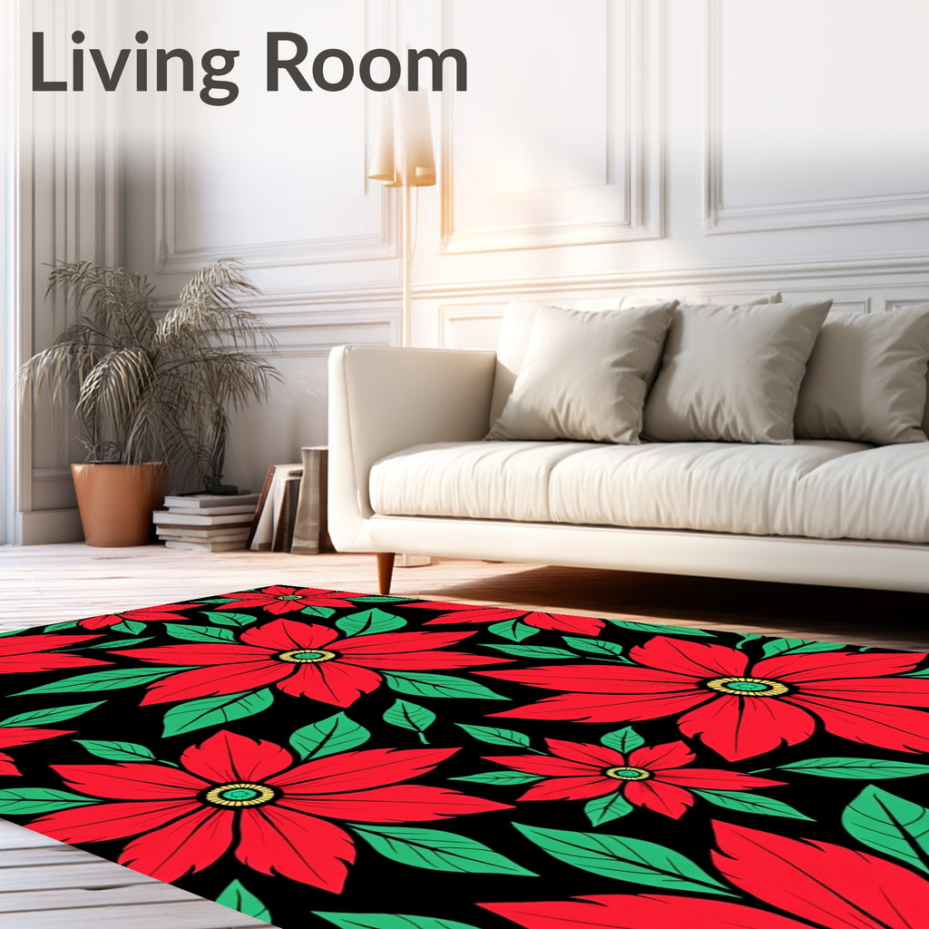 Crimson Poinsettia Garden Black Rug