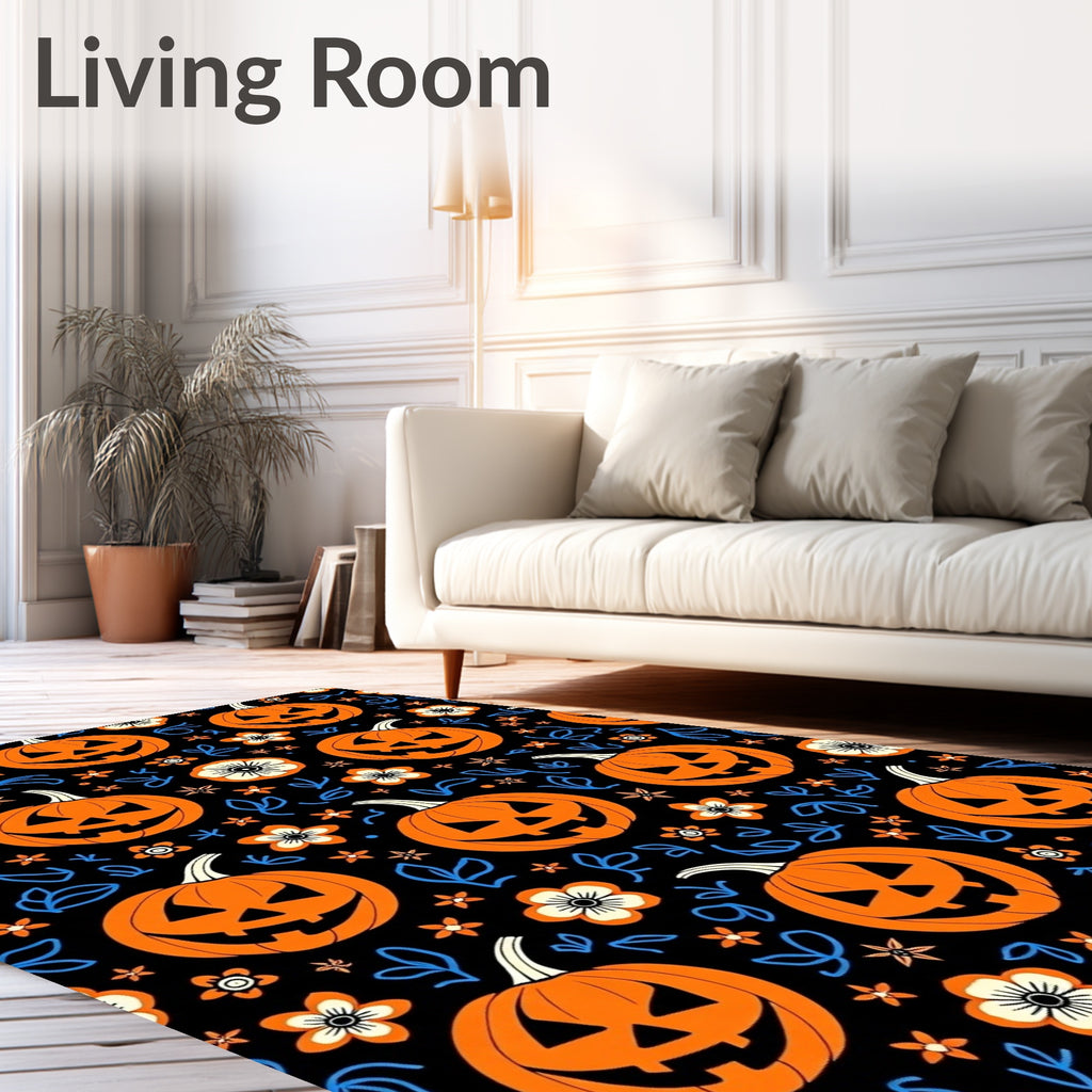 Orange Pumpkin Black Floral Splatter Rug