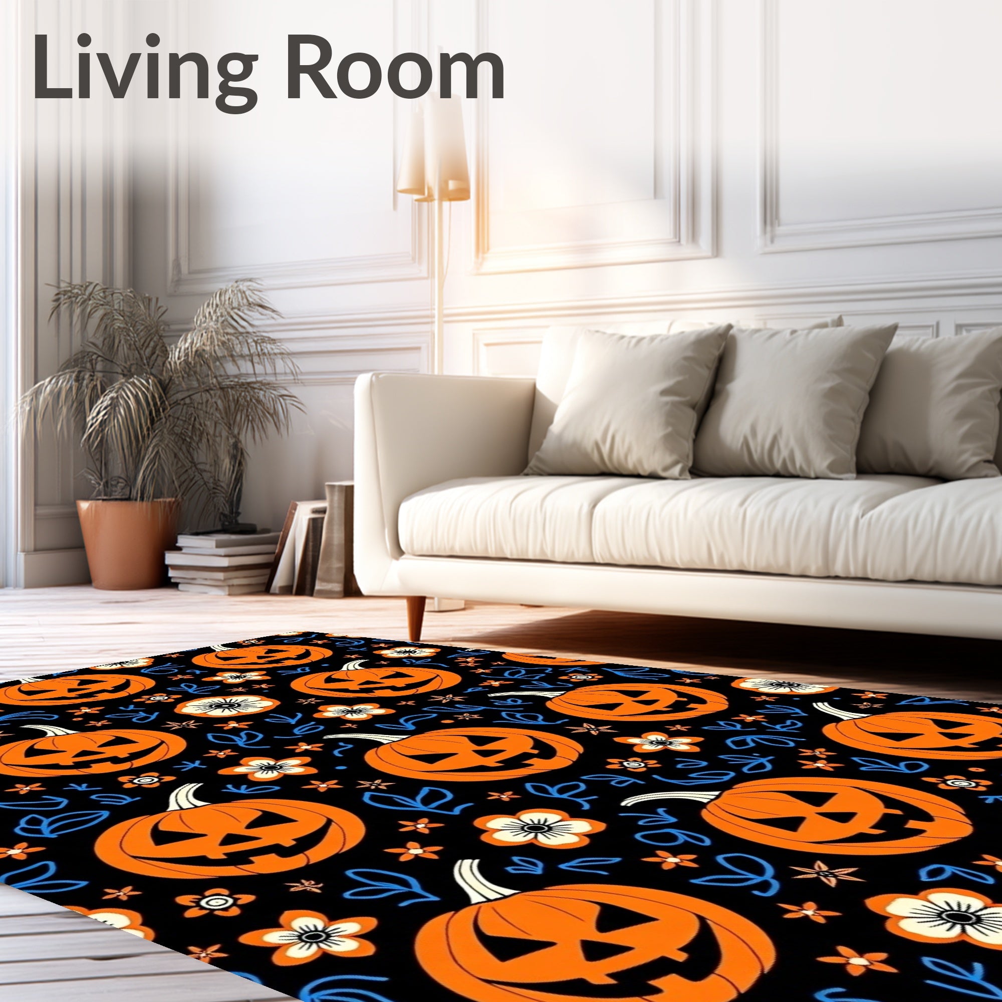 Orange Pumpkin Black Floral Splatter Rug