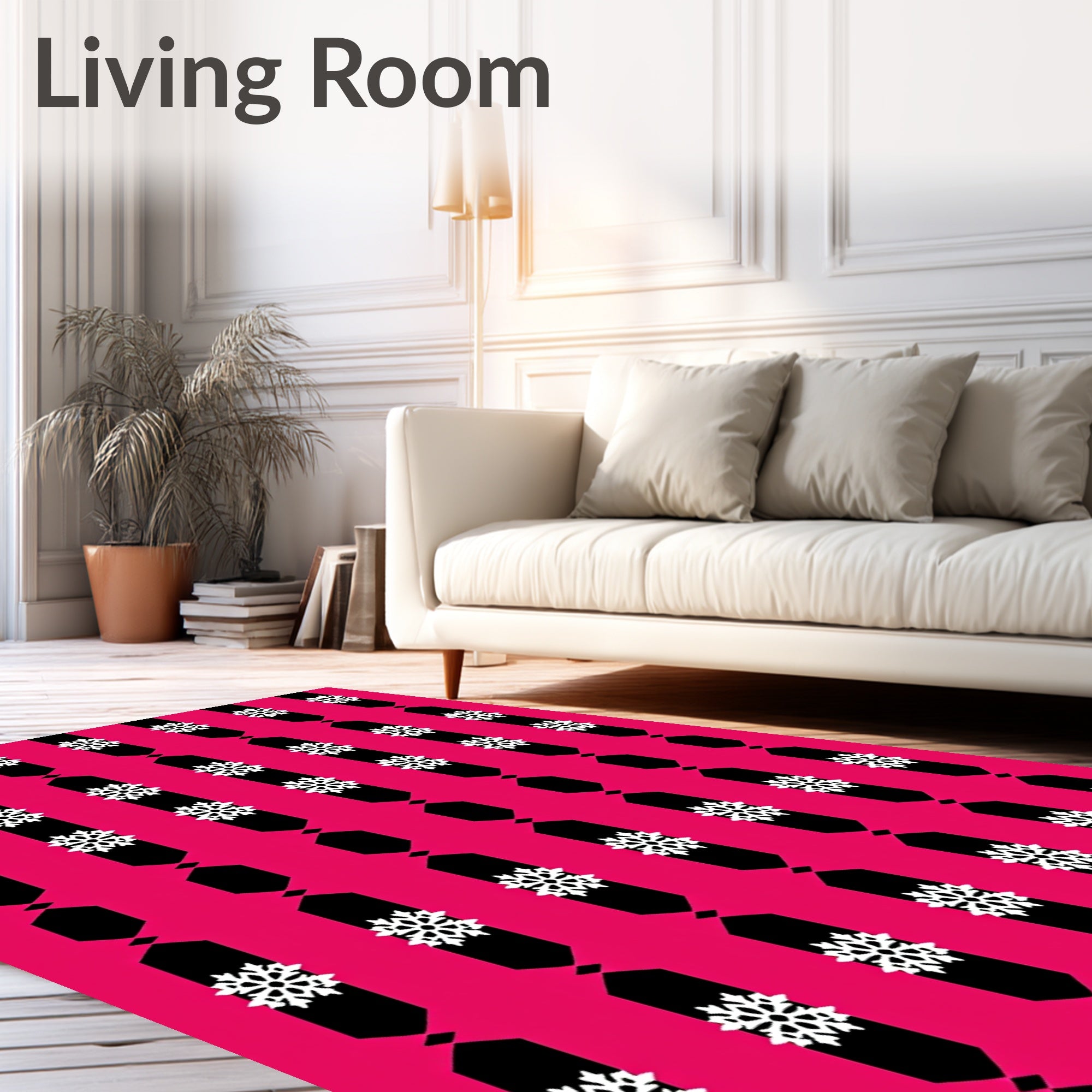 Fuchsia Black White Snowflake Stripe Rug
