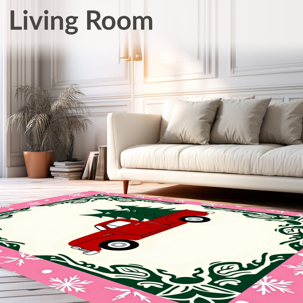 Retro Red Truck Christmas Trees Rug