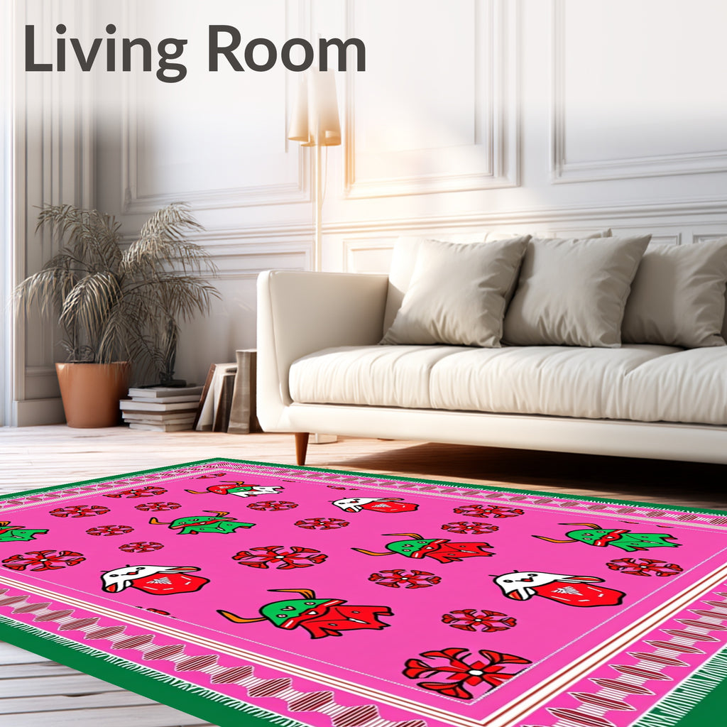 Pink Cartoon Creature Border Rug