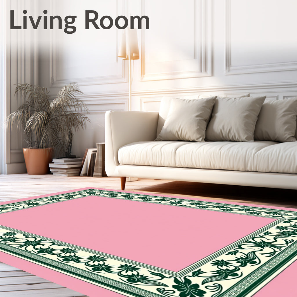 Dark Green Floral Cream Border Rug