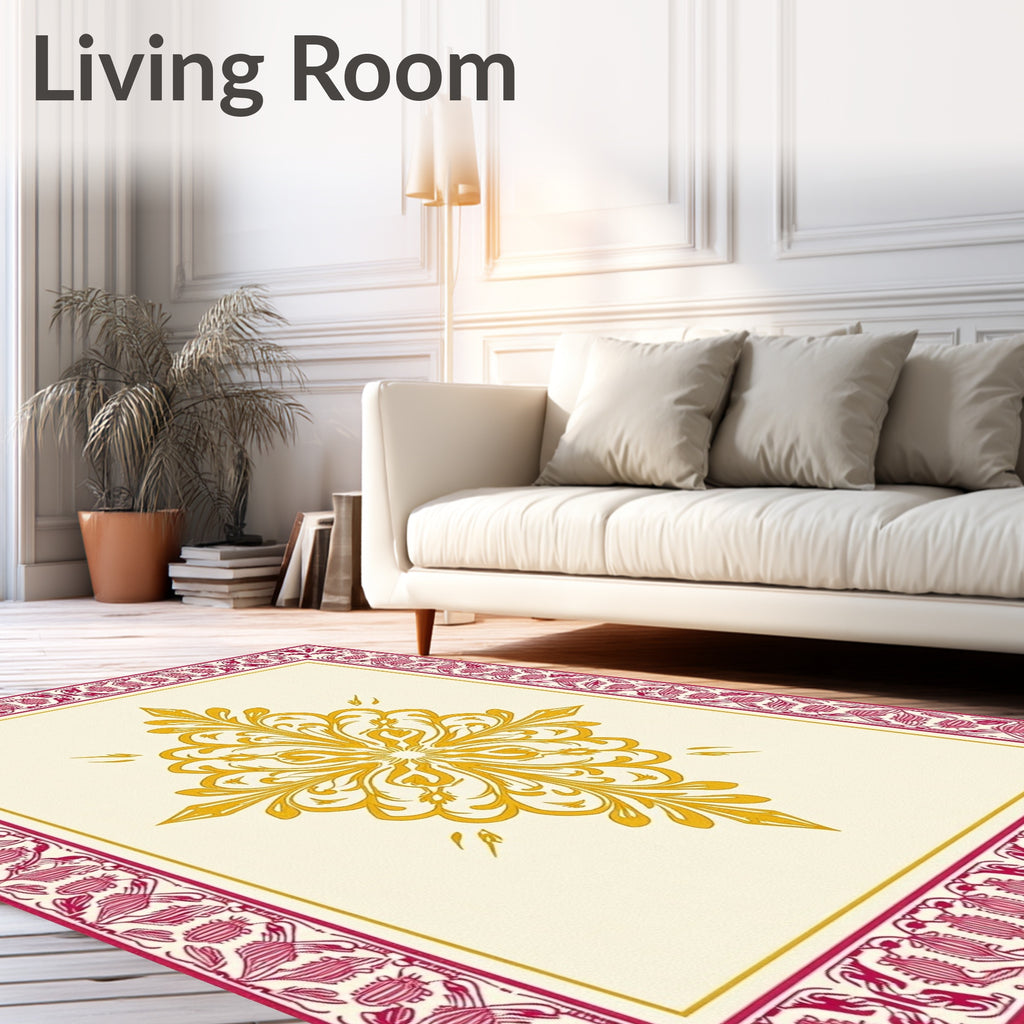 Glamorous Gold Floral Crimson Border Rug