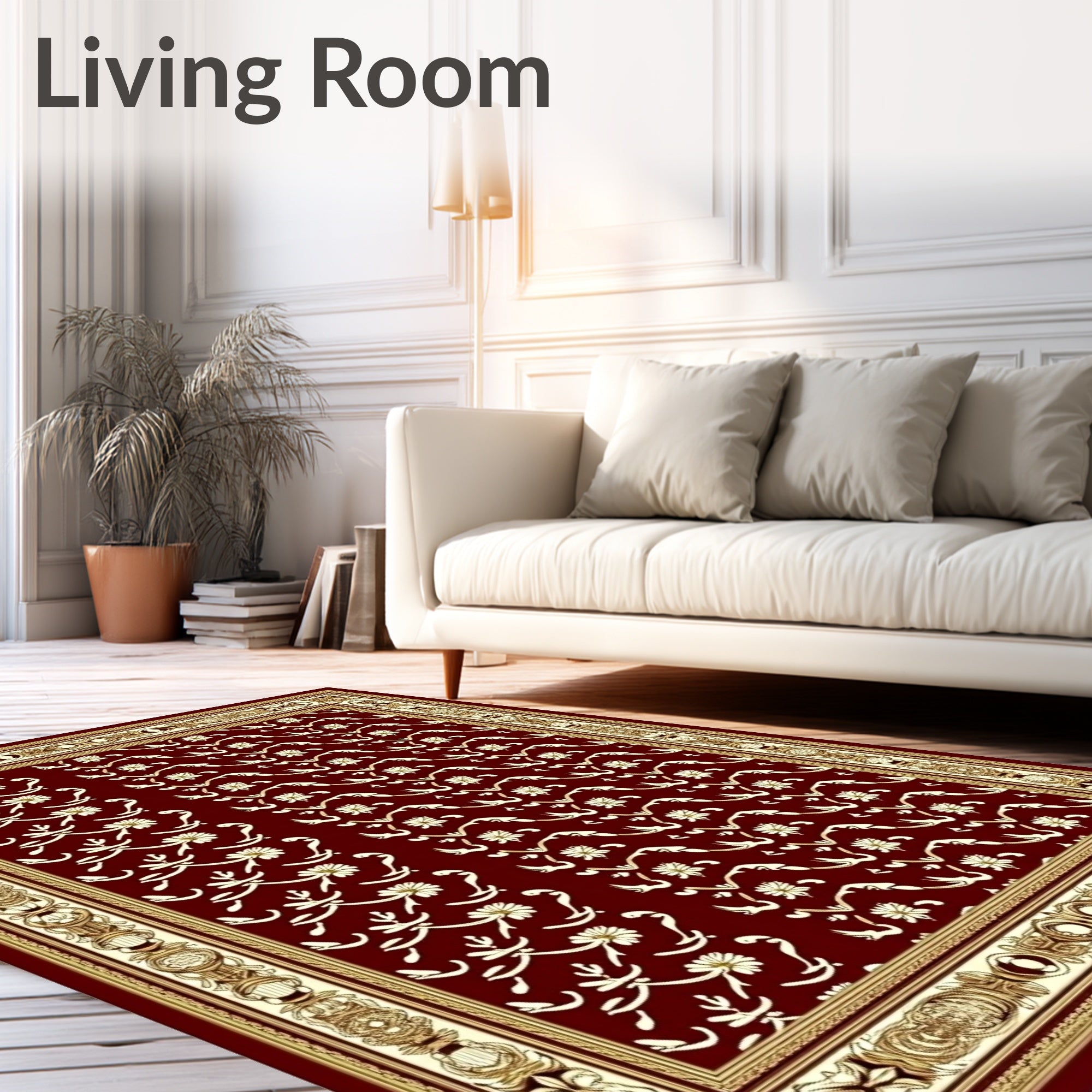 Deep Red Golden Floral Border Rug