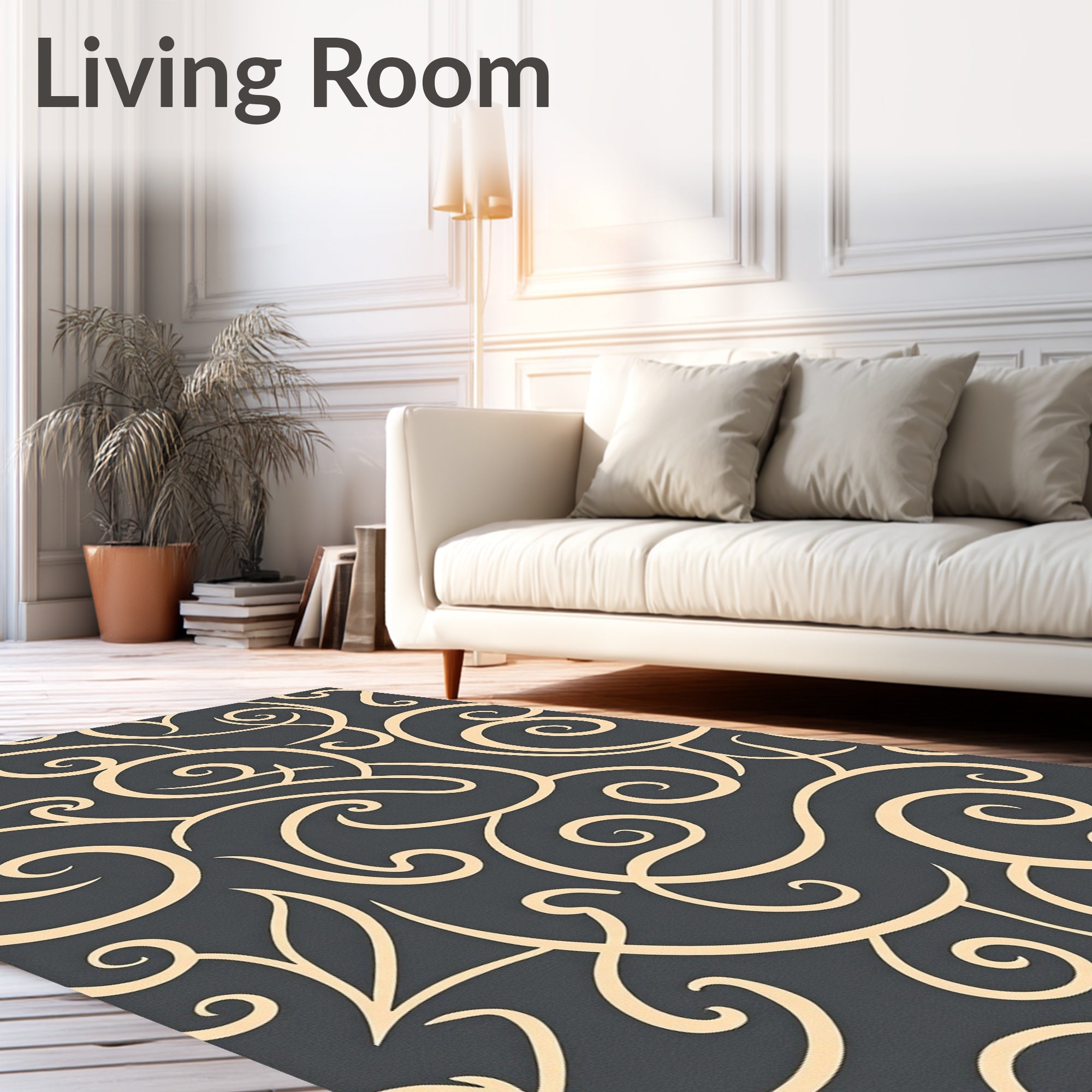 Dark Gray Cream Swirl Scroll Rug