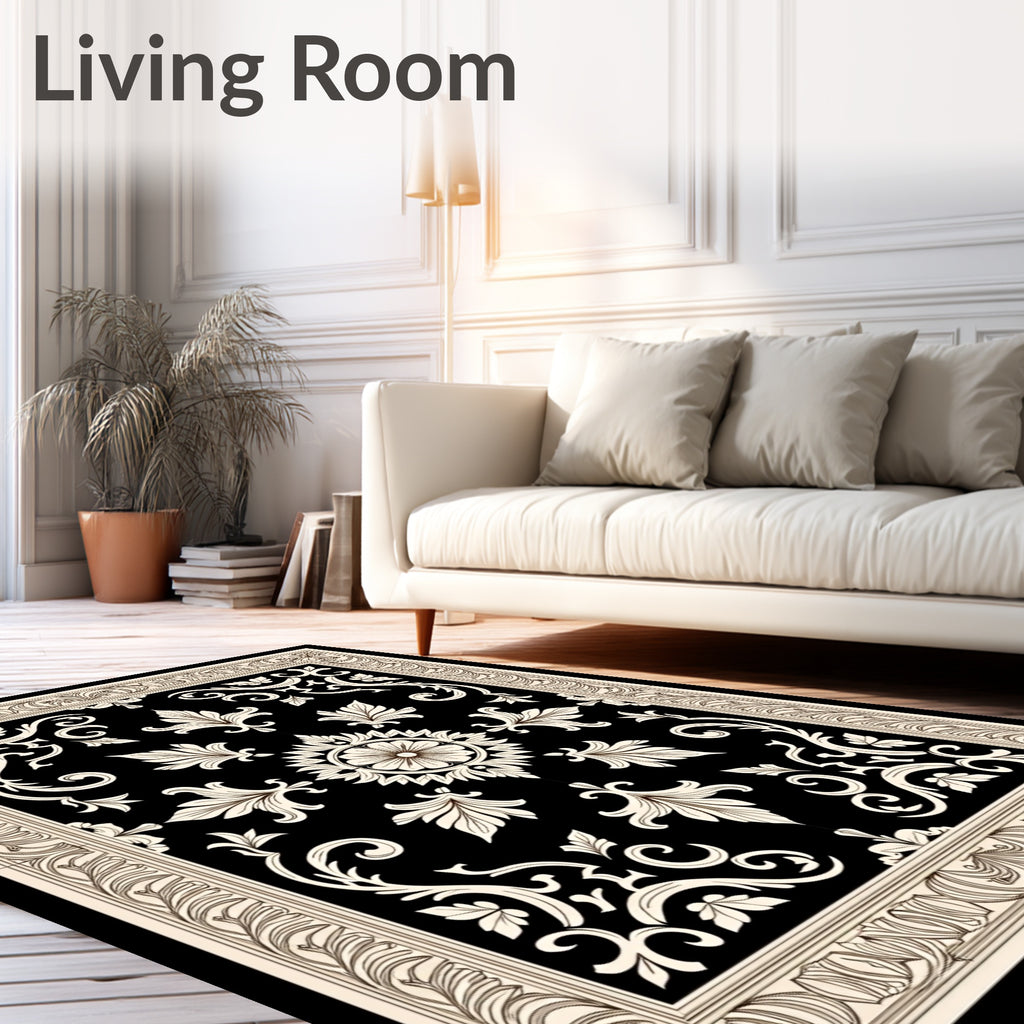 Black Cream Medallion Scrollwork Ornament Rug