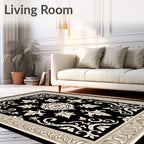 Black Cream Medallion Scrollwork Ornament Rug