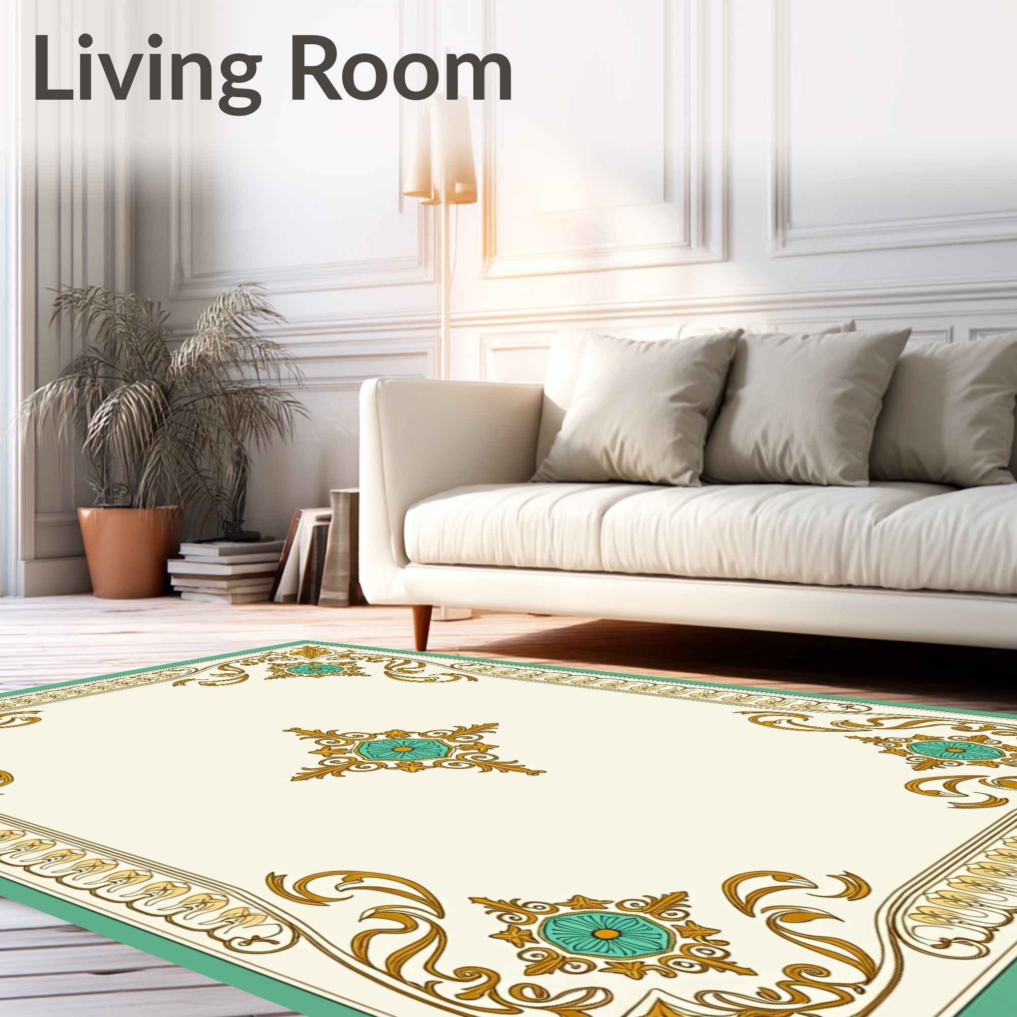 Gold Teal Floral Medallion Border Rug