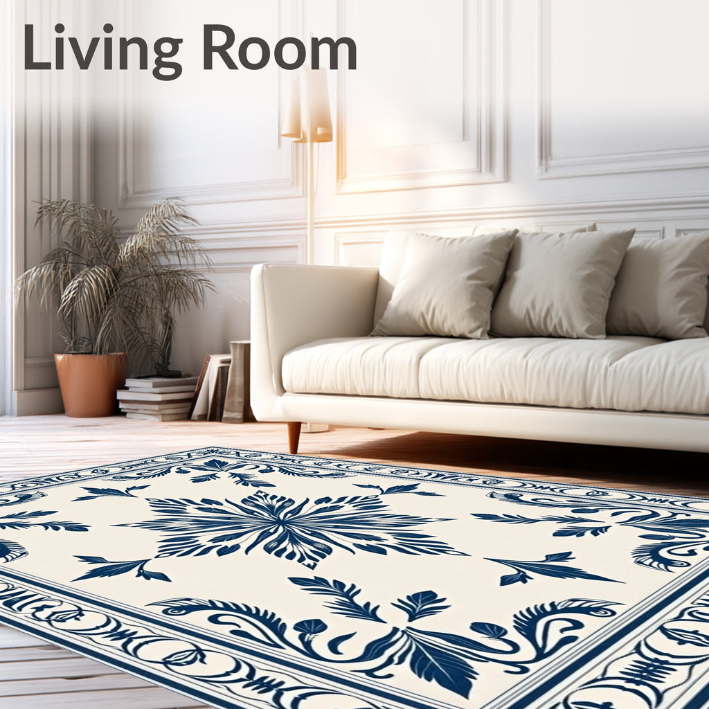 Dark Blue Floral Medallion Cream Rug