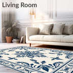 Dark Blue Floral Medallion Cream Rug