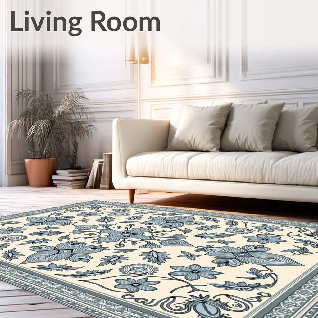Pale Blue Floral Medallion Border Rug