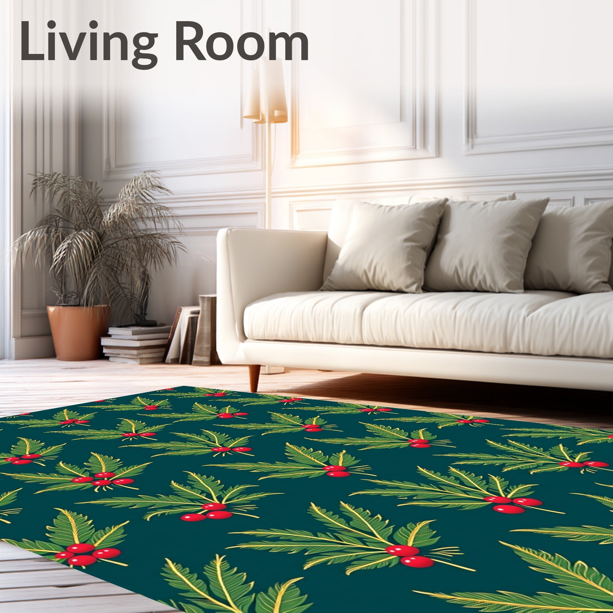 Emerald Green Holly Berry Illustration Rug