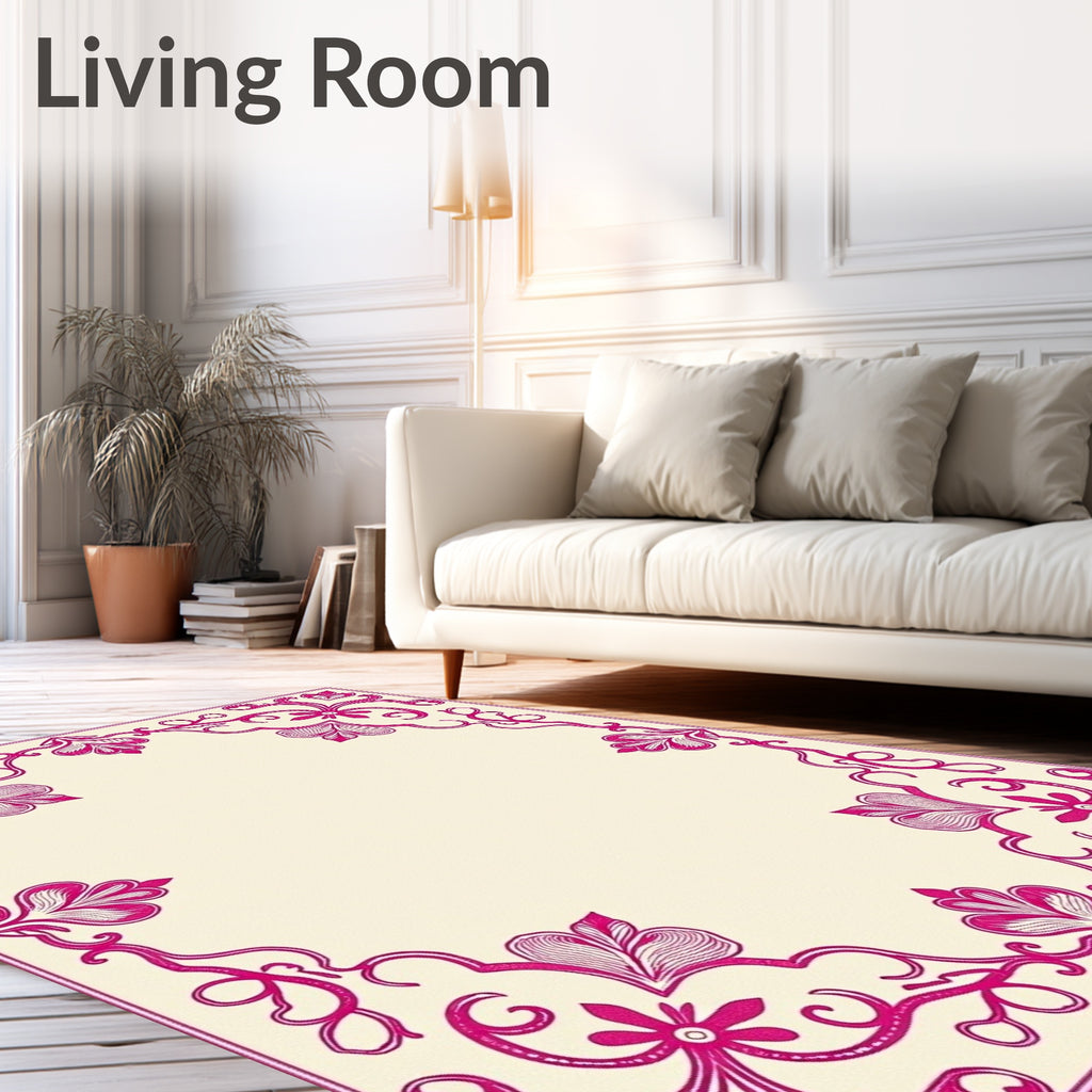 Ornate Pink Floral Scroll Frame Rug