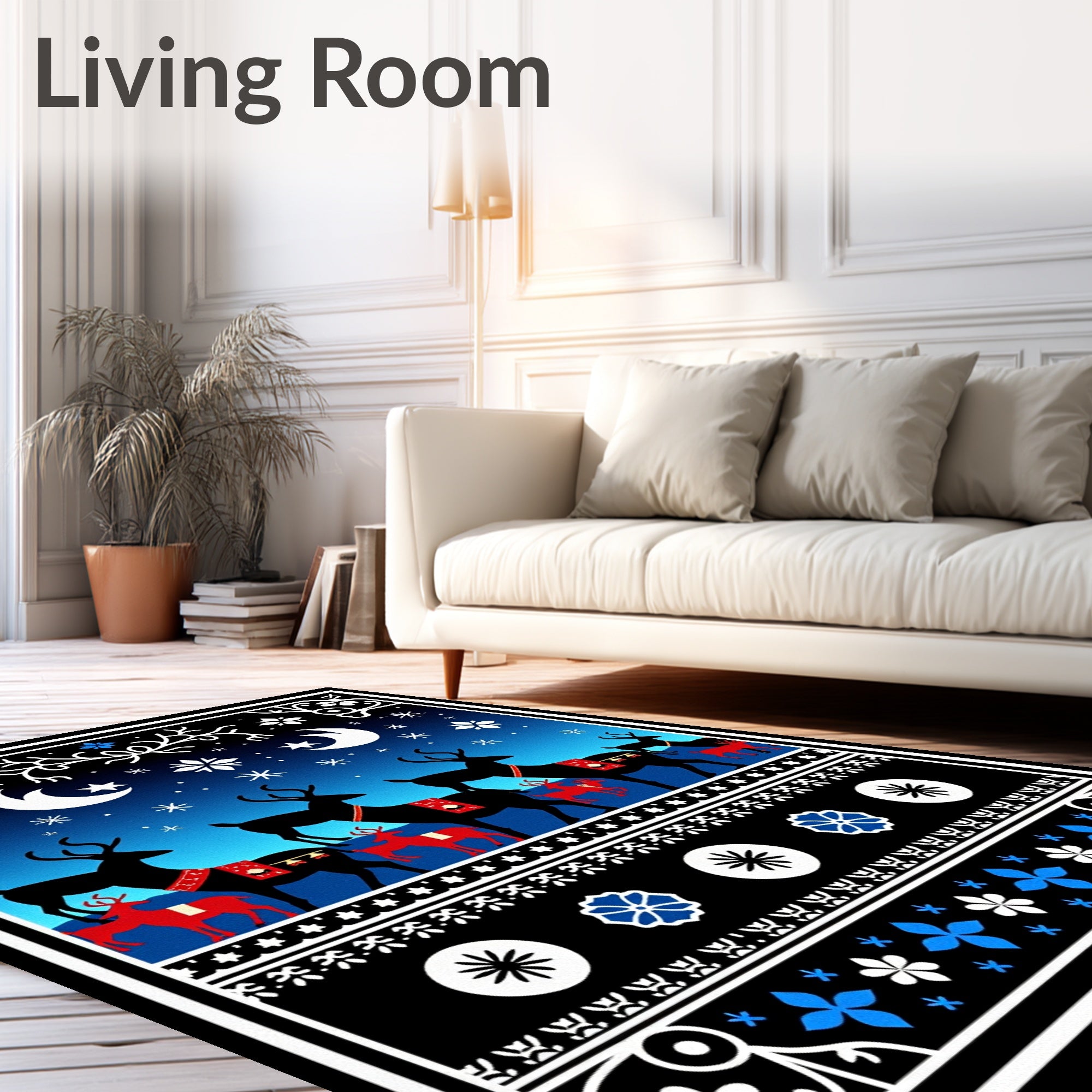 Midnight Blue Deer Moon Stars Rug