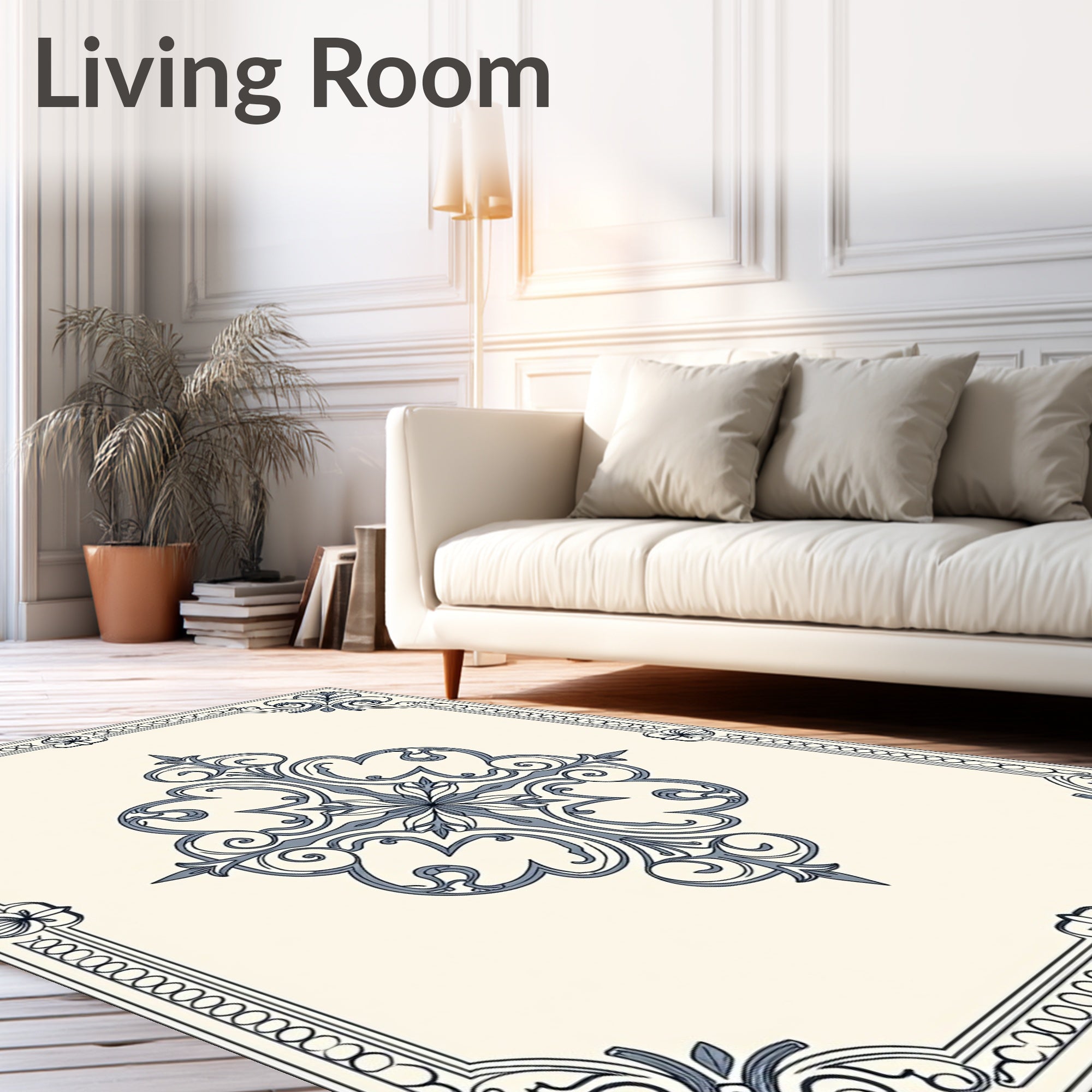 Cream Blue Ornamental Frame Medallion Rug